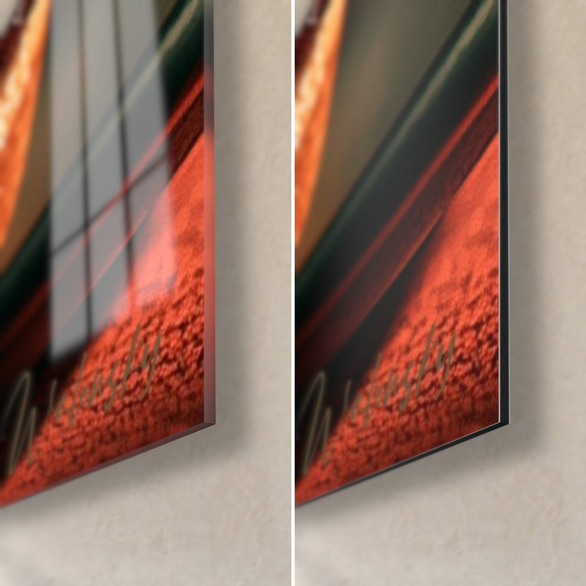 Tableau hamburger sur verre acrylique brillant, reflets blancs, et alu Dibond mat rouge brique, tranche de 3 mm, coin bas droit