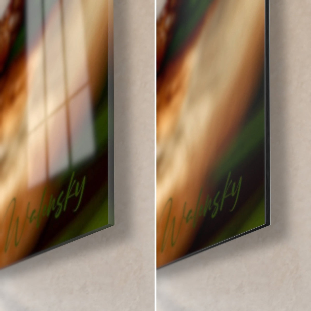 Tableau hamburger au persil frisé vert, coin bas droit en verre acrylique brillant à gauche, alu Dibond mat à droite, tranche de 3 mm