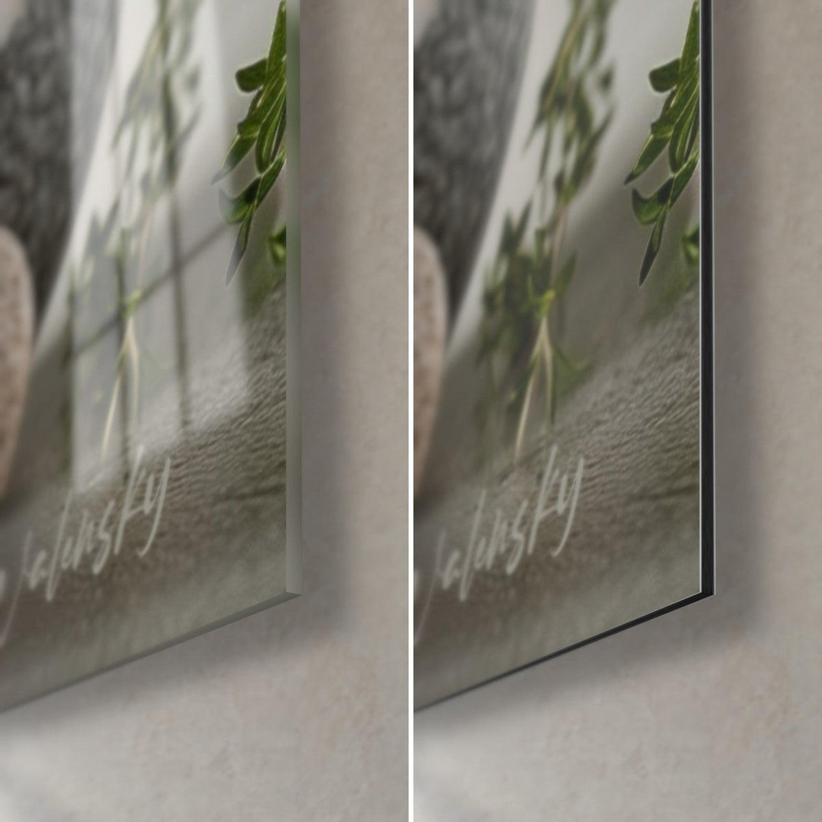 Tableau hamburger gourmet sur galets gris, coin bas droit : verre acrylique brillant à gauche, alu Dibond mat beige à droite, tranche de 3 mm