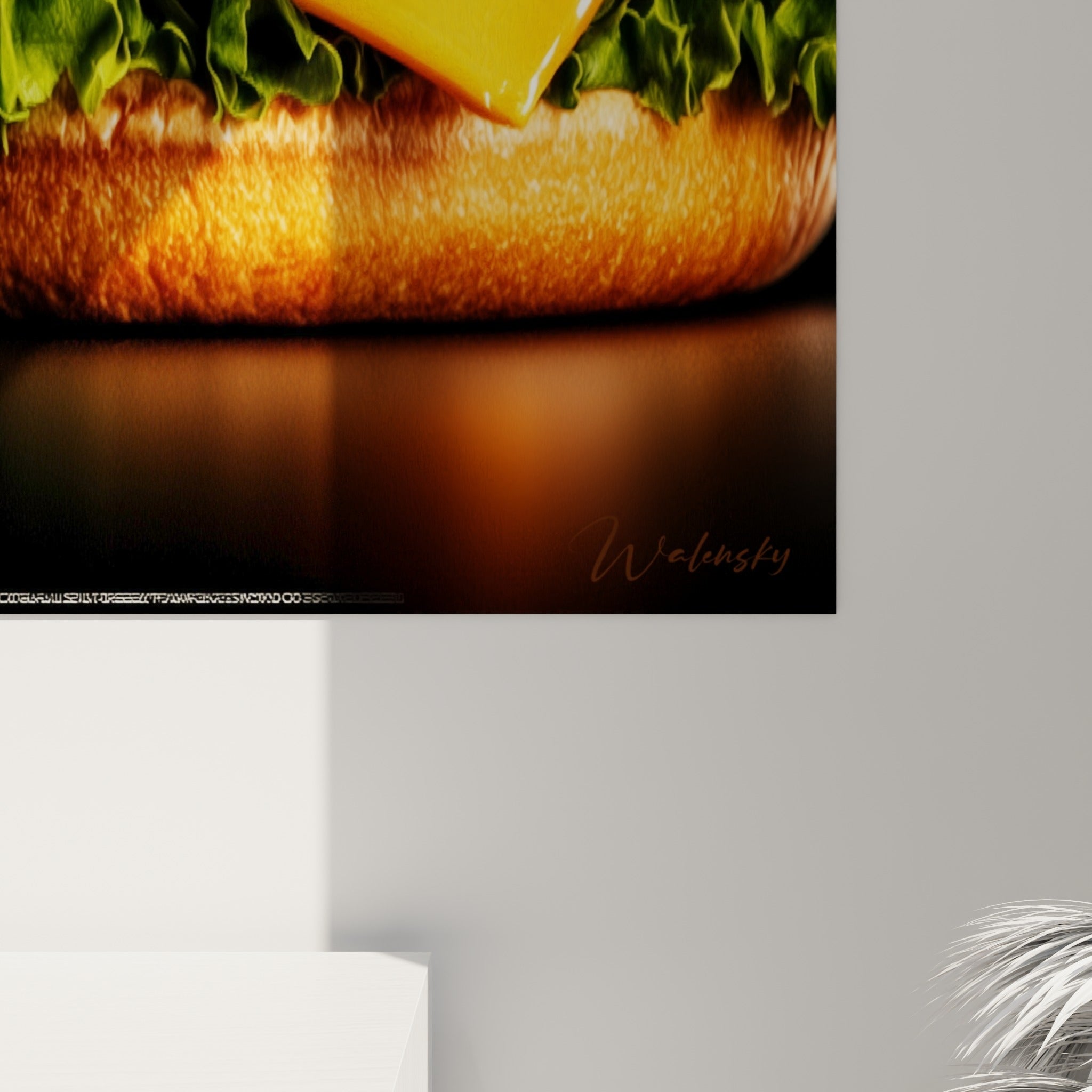 Empâtements brillants du pain doré et coulures de fromage jaune visibles en gros plan sur la toile