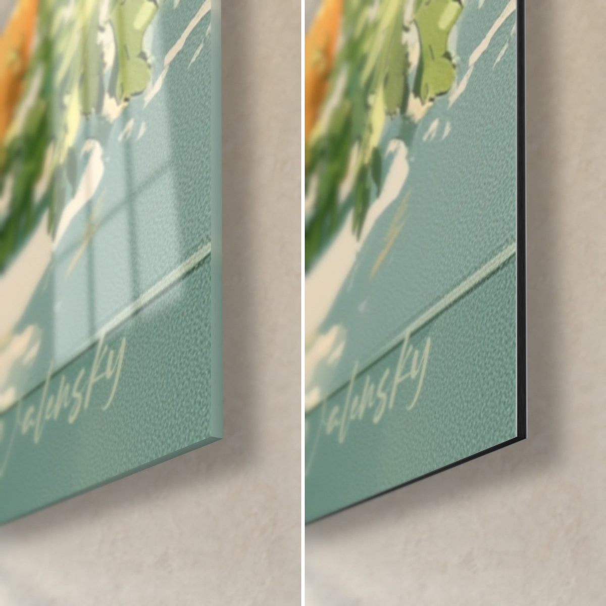 Tableau burger aux tons verts et orangés, coin bas droit : verre acrylique brillant à gauche, Dibond mat à droite, tranche de 3 mm