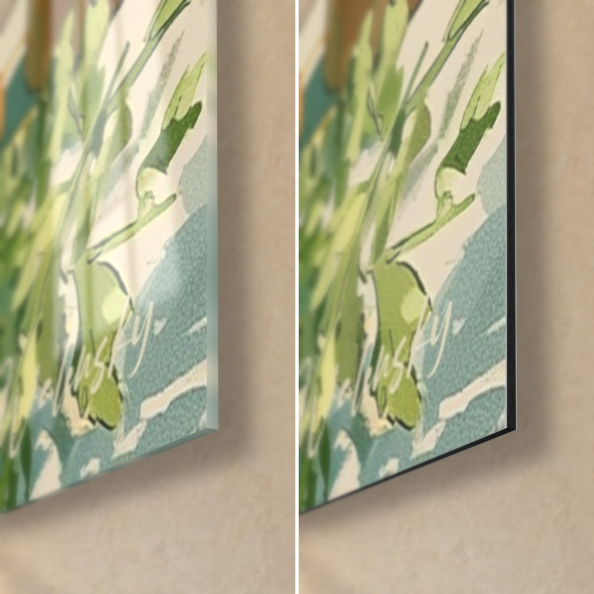 Tableau feuillage vert menthe et ciel turquoise, coin bas droit : verre brillant à gauche, alu Dibond mat à droite, tranche de 3 mm