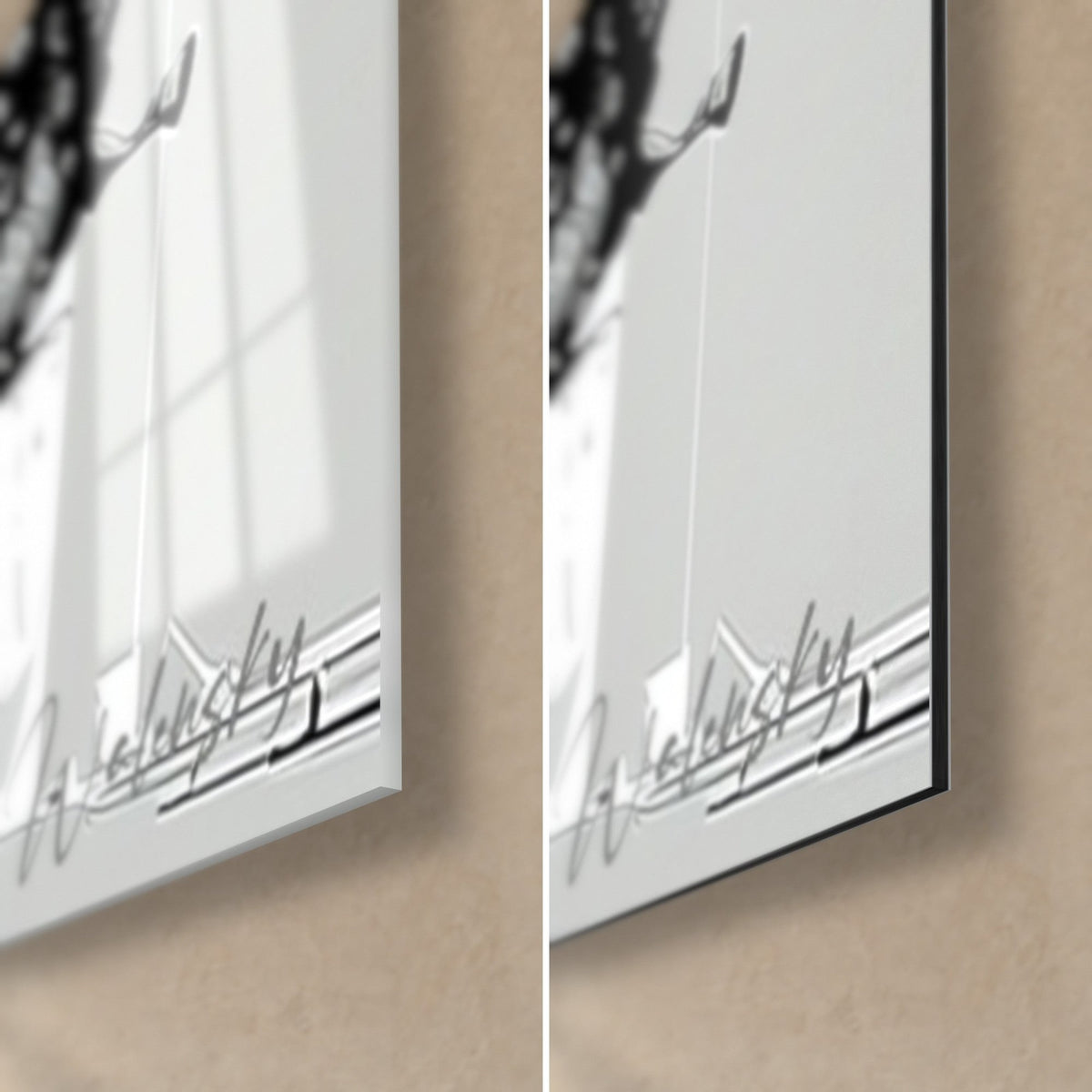 Tableau burger noir et blanc, coin bas droit : verre acrylique brillant aux reflets à gauche, alu Dibond gris mat à droite, tranche de 3 mm
