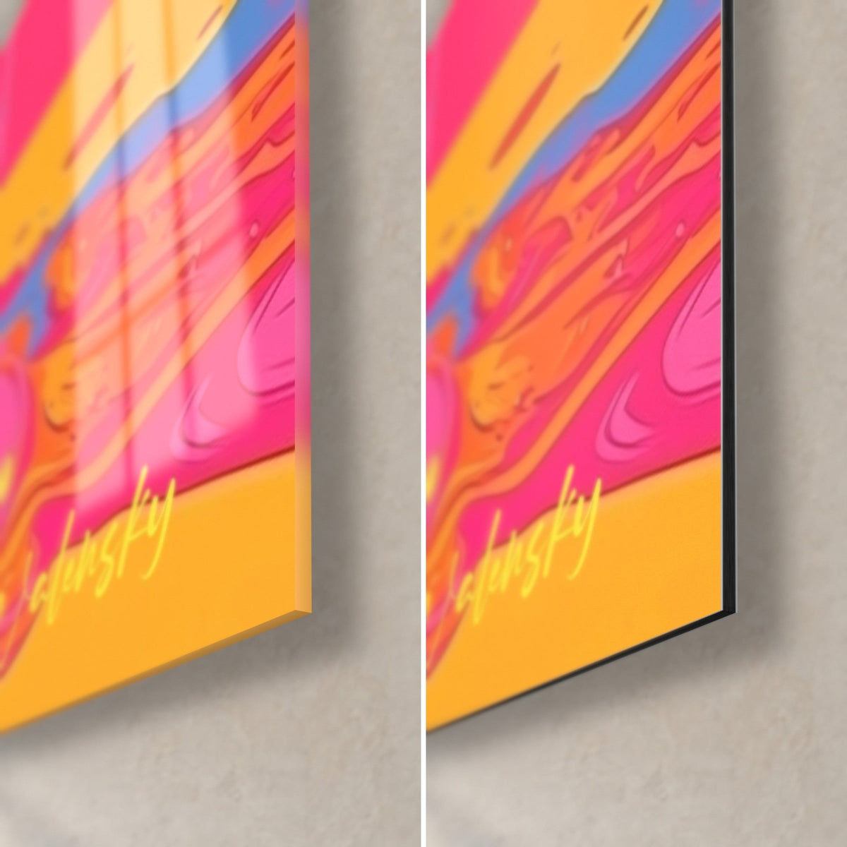Tableau burger éclaboussé, coin bas droit : verre brillant à gauche, alu Dibond mat à droite, tranche noire de 3 mm, rose et orange