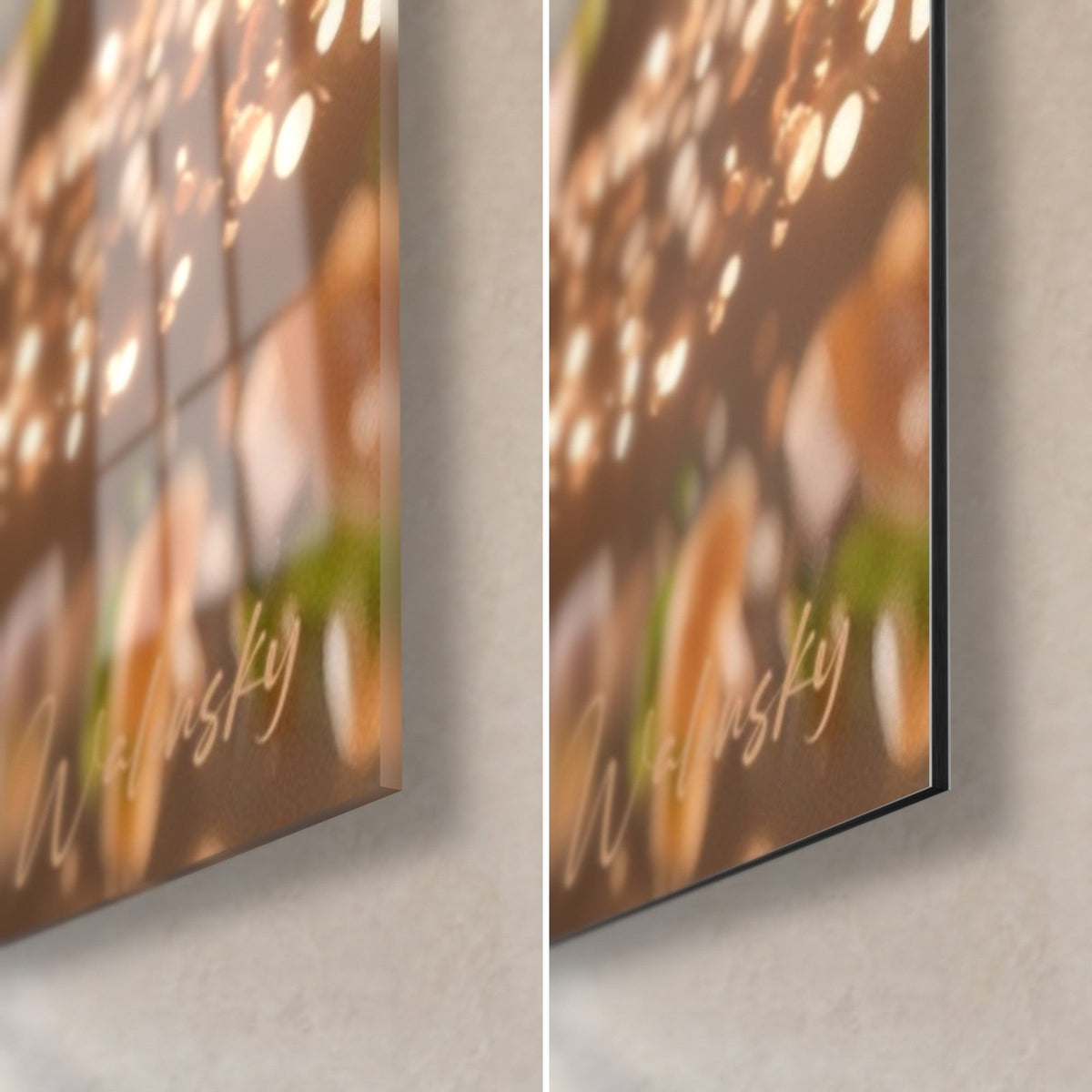 Tableau sandwich gourmand, coin bas droit : verre acrylique brillant à gauche, alu Dibond mat noir à droite, tranche de 3 mm