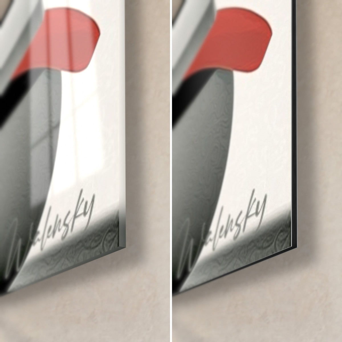 Tableau burger blanc et noir, coin bas droit : verre acrylique brillant et reflets à gauche, alu Dibond mat à droite, tranche de 3 mm