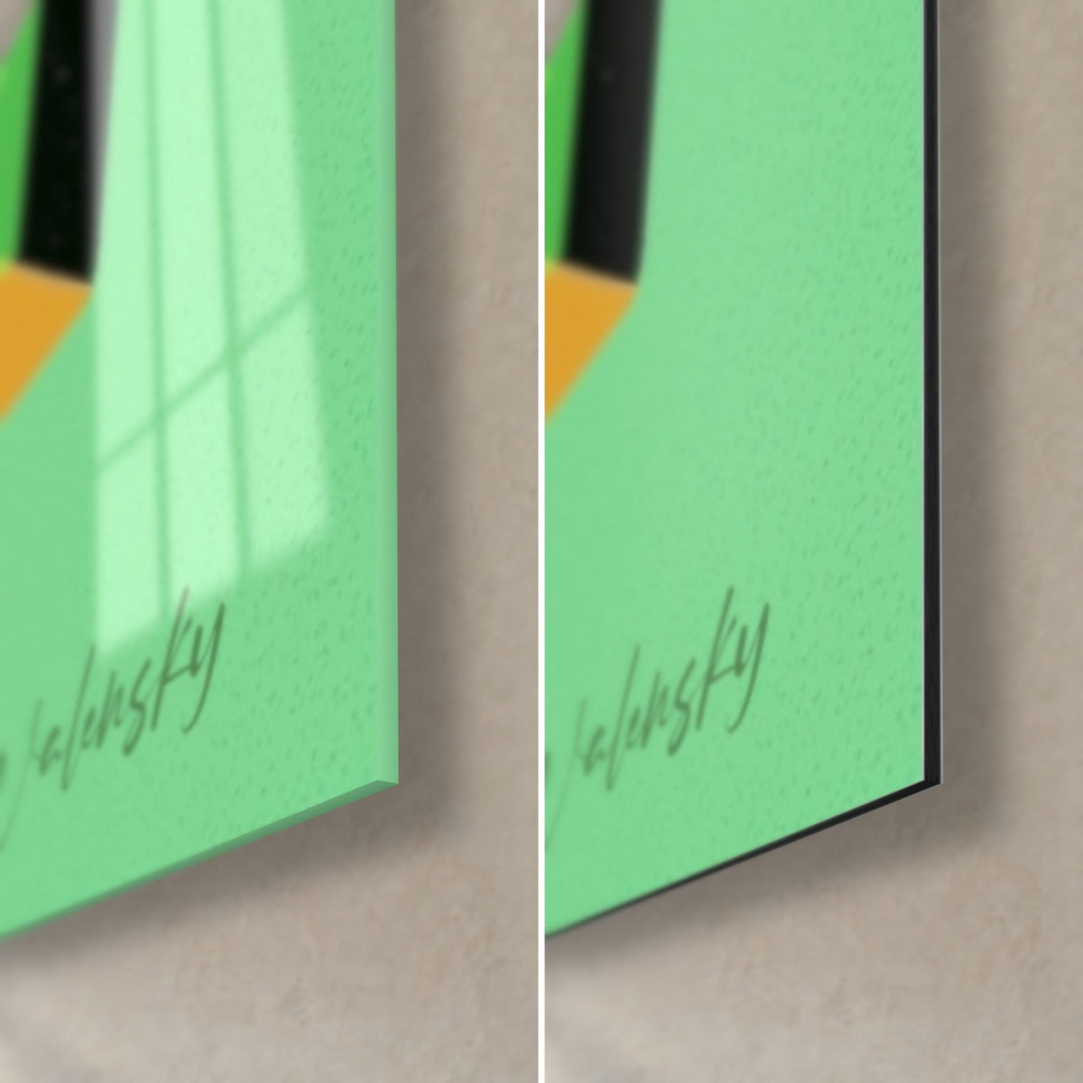 Tableau burger : galette vert olive, coin bas droit en acrylique brillant et Dibond mat noir, signature Walensky, tranche de 3 mm