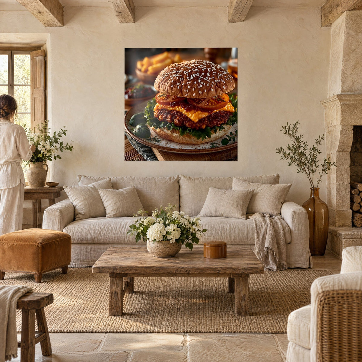 Πίνακας burger με χρυσωμένο ψωμί σουσάμι, κόκκινες ντομάτες και λιωμένο τσένταρ, δύο άνθρωποι από πίσω πάνω από έναν καναπέ σε φωτεινό σαλόνι