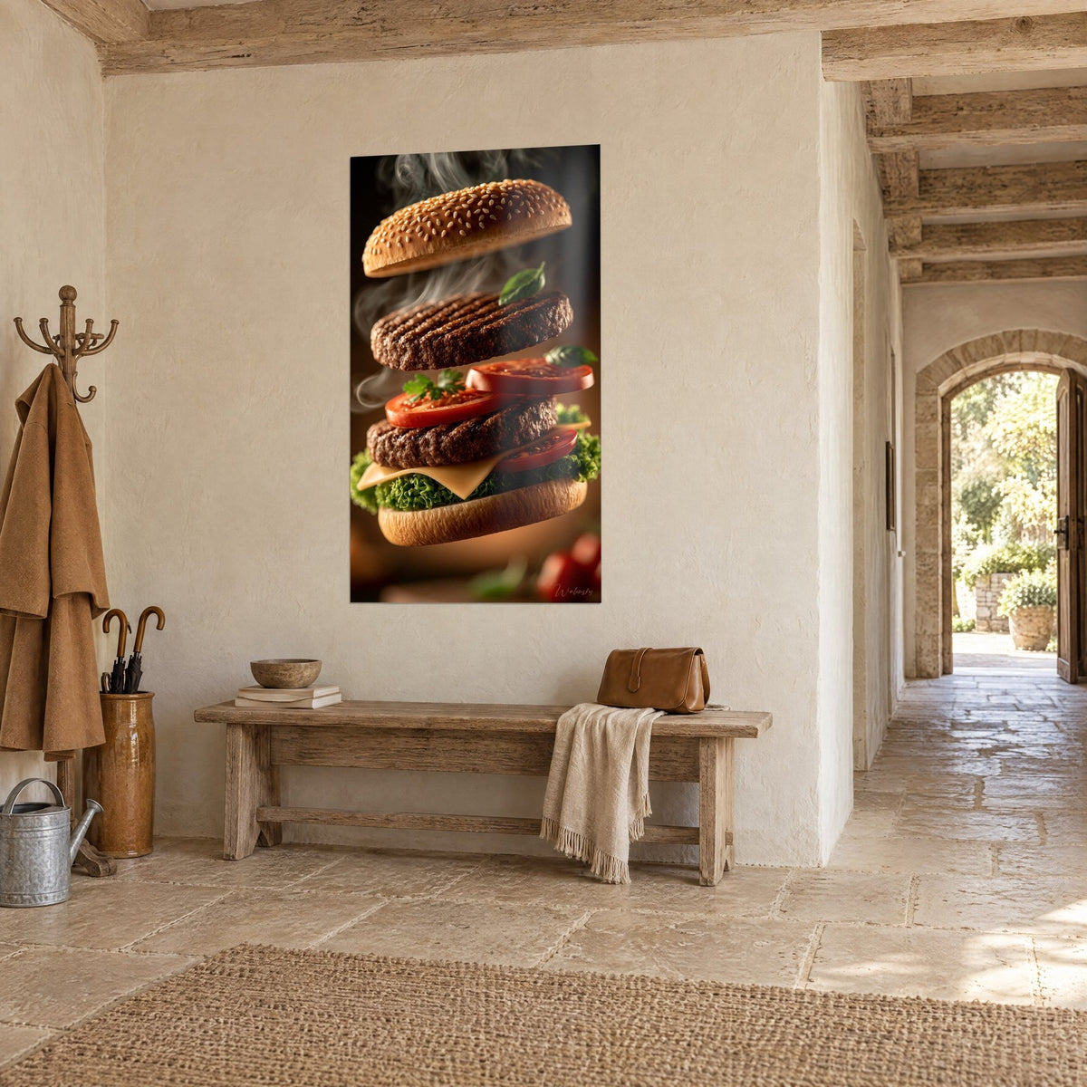 Tableau hamburger éclaté, pain doré aux graines de sésame et salade verte, sur un mur crépi beige, entrée en pierre