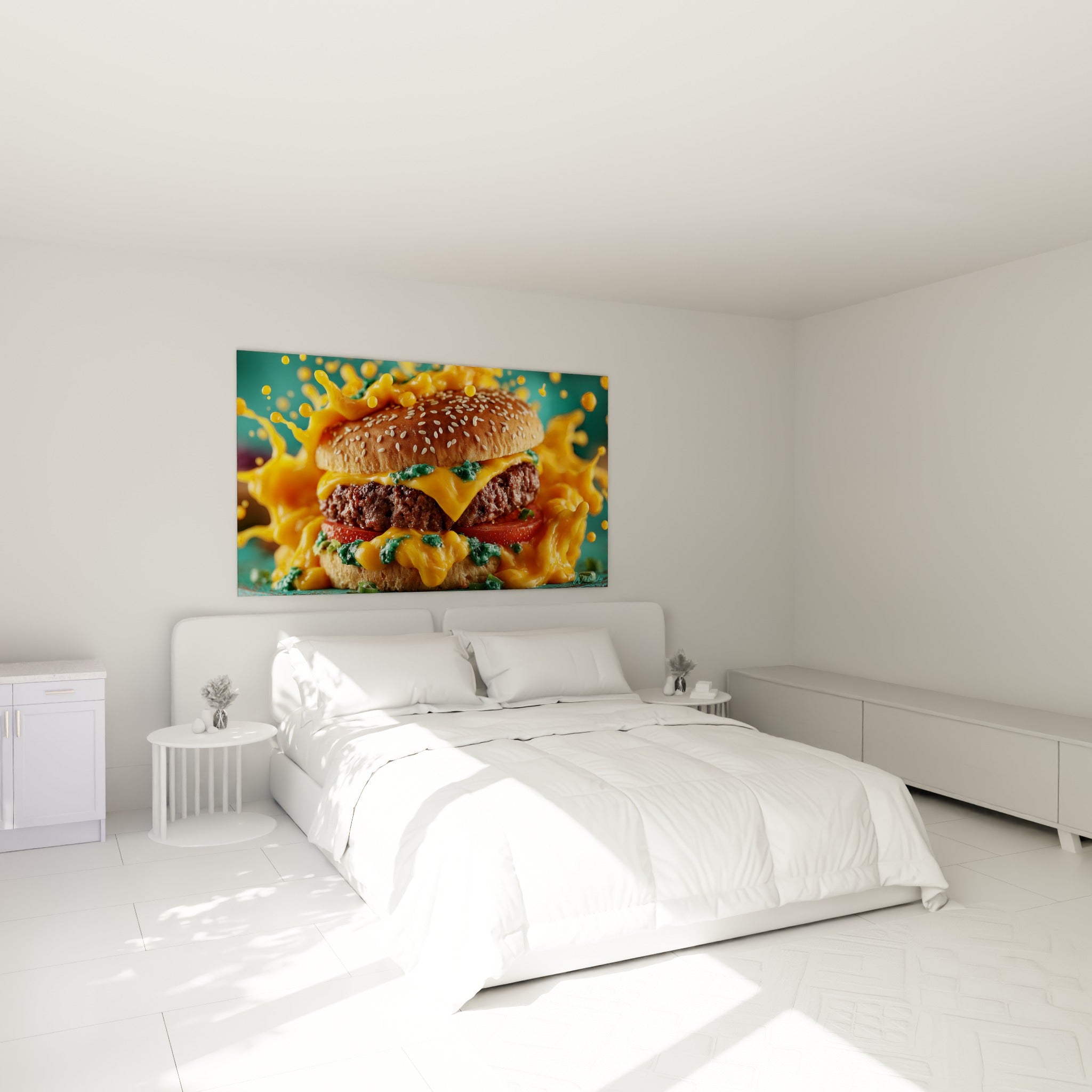 Ce burger aux couleurs dorées et turquoise trône au-dessus d'un lit dans une chambre claire
