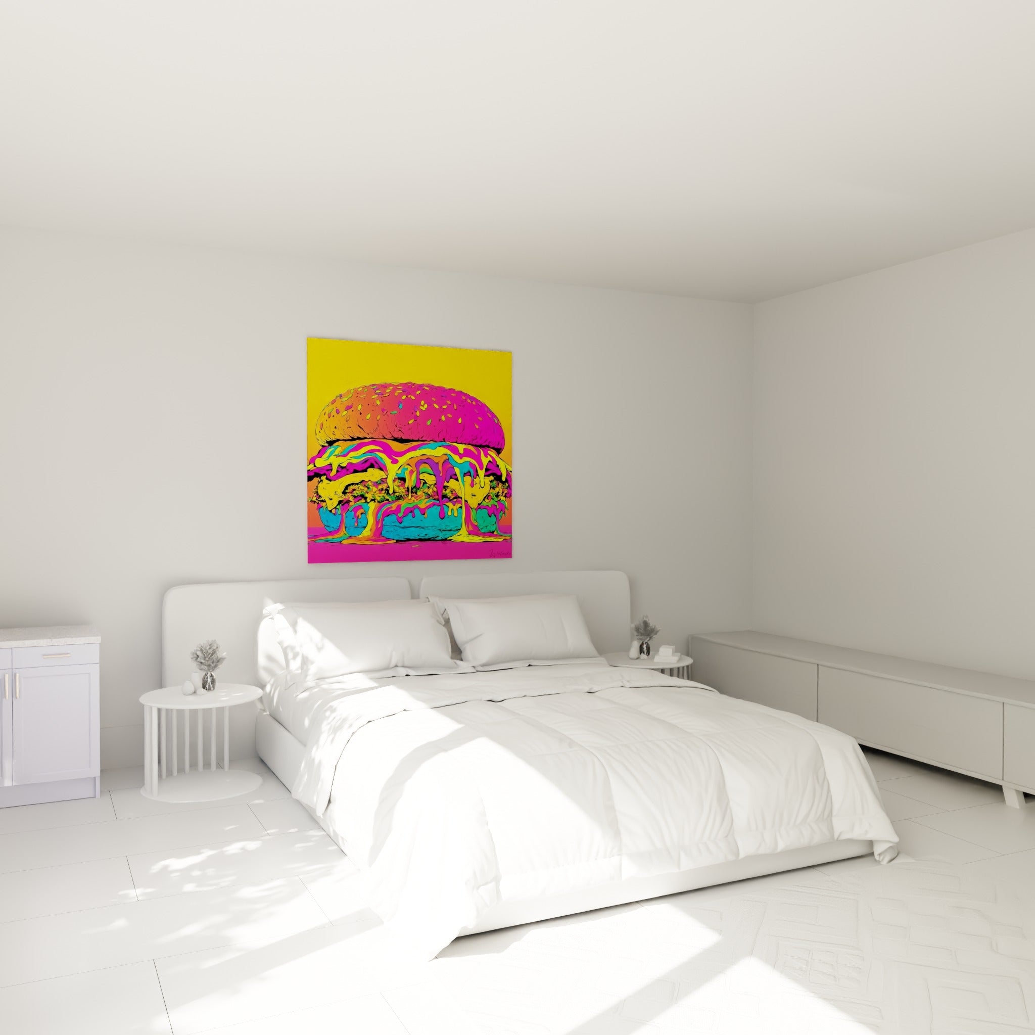 Burger fluo aux teintes turquoise et rose accroché au-dessus d'un lit dans une chambre claire