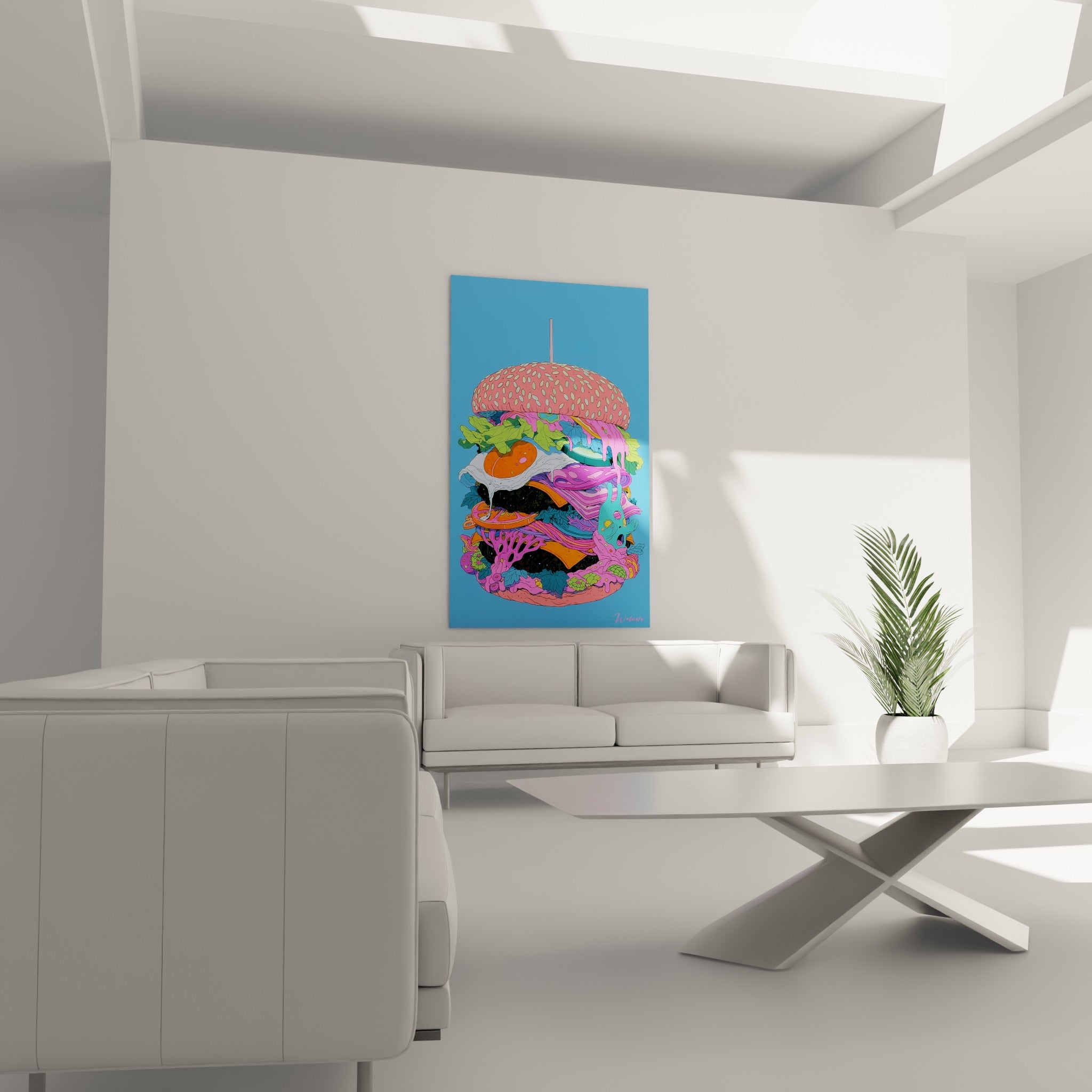 Composition burger bleu turquoise et rose vif accrochée au-dessus d'un canapé dans un salon lumineux