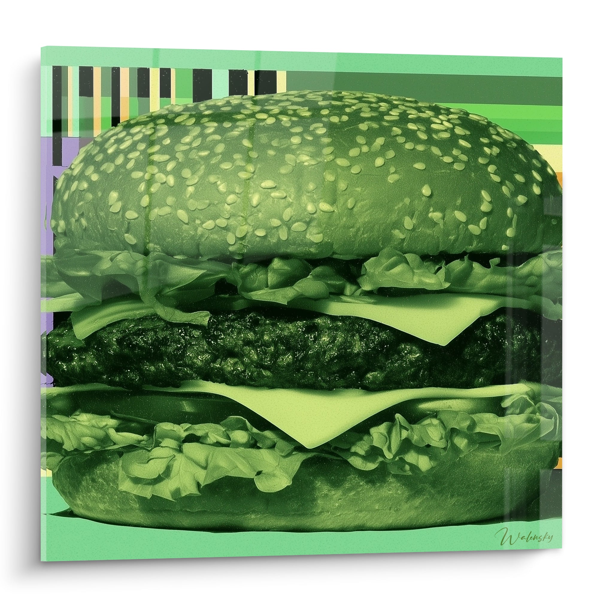 Burger vert émeraude aux bandes violettes et beige, composition pop art graphique et intense