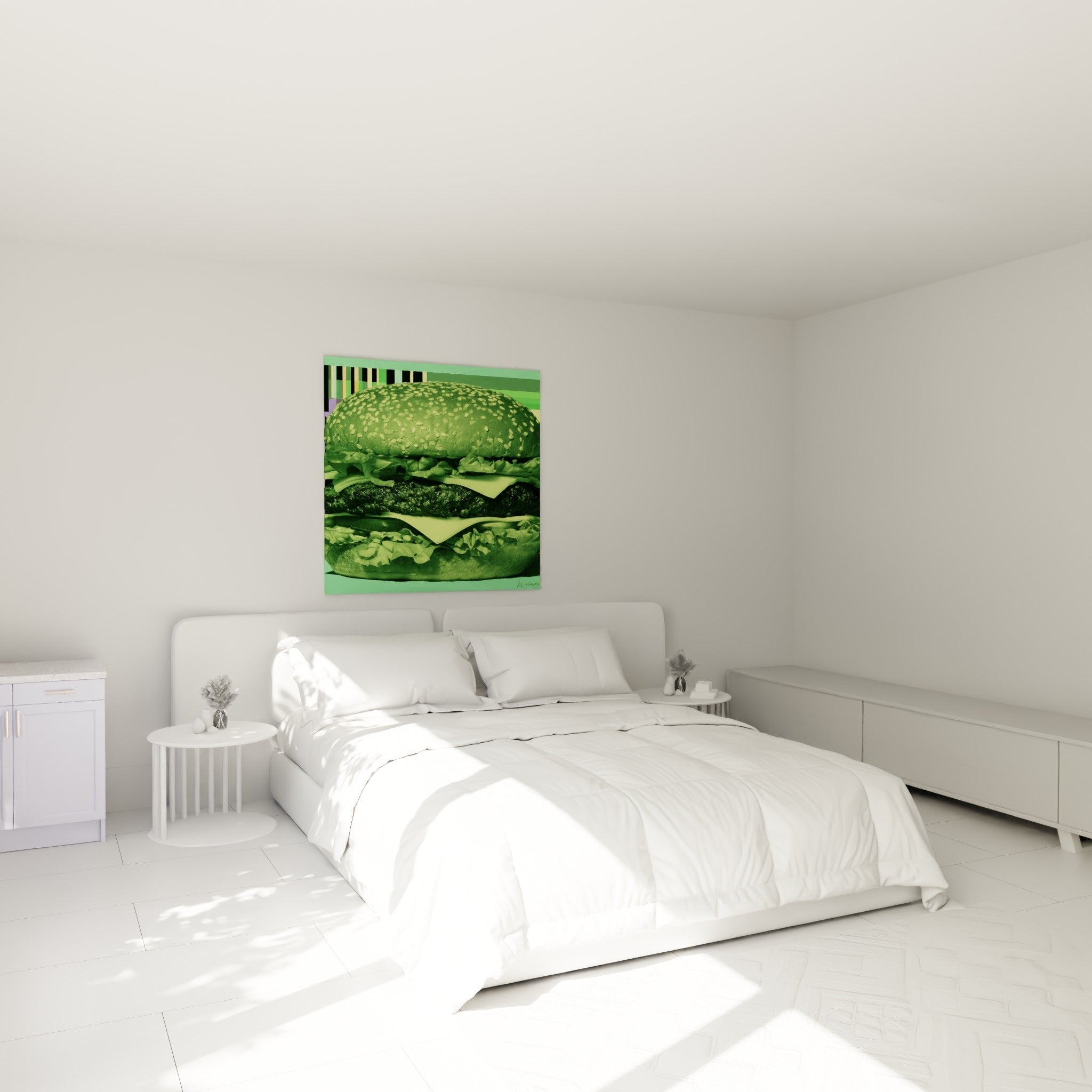 Sésame et fromage vert olive du burger accrochés au-dessus d'un lit dans une chambre claire