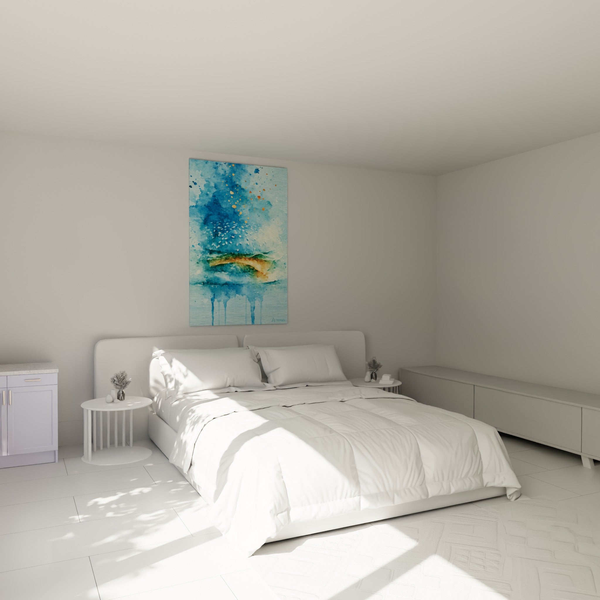 Burger en aquarelle bleu marine et vert sauge, accroché au-dessus d'un lit dans une chambre claire