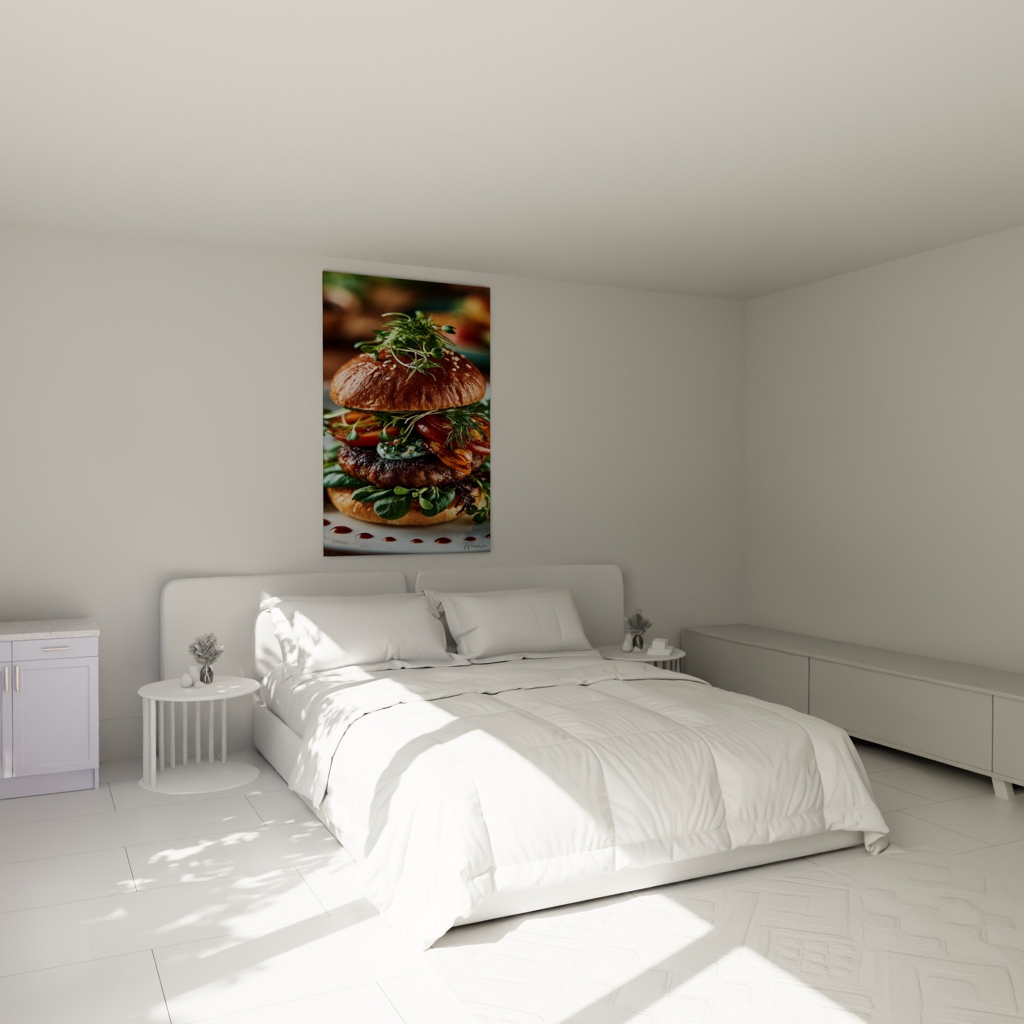 Composition gourmande d'un burger fauve et vert accrochée au-dessus d'un lit dans une chambre claire