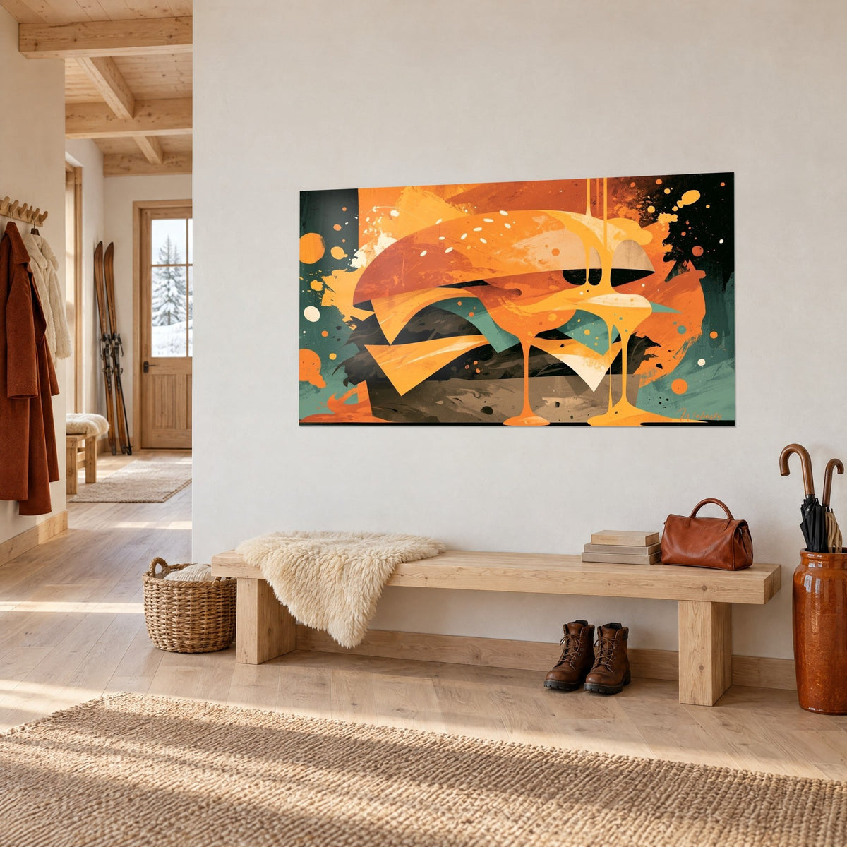 Tableau hamburger abstrait, pain cuivré et éclaboussures noires, en vue de trois-quarts au-dessus d'un banc en bois d'un chalet