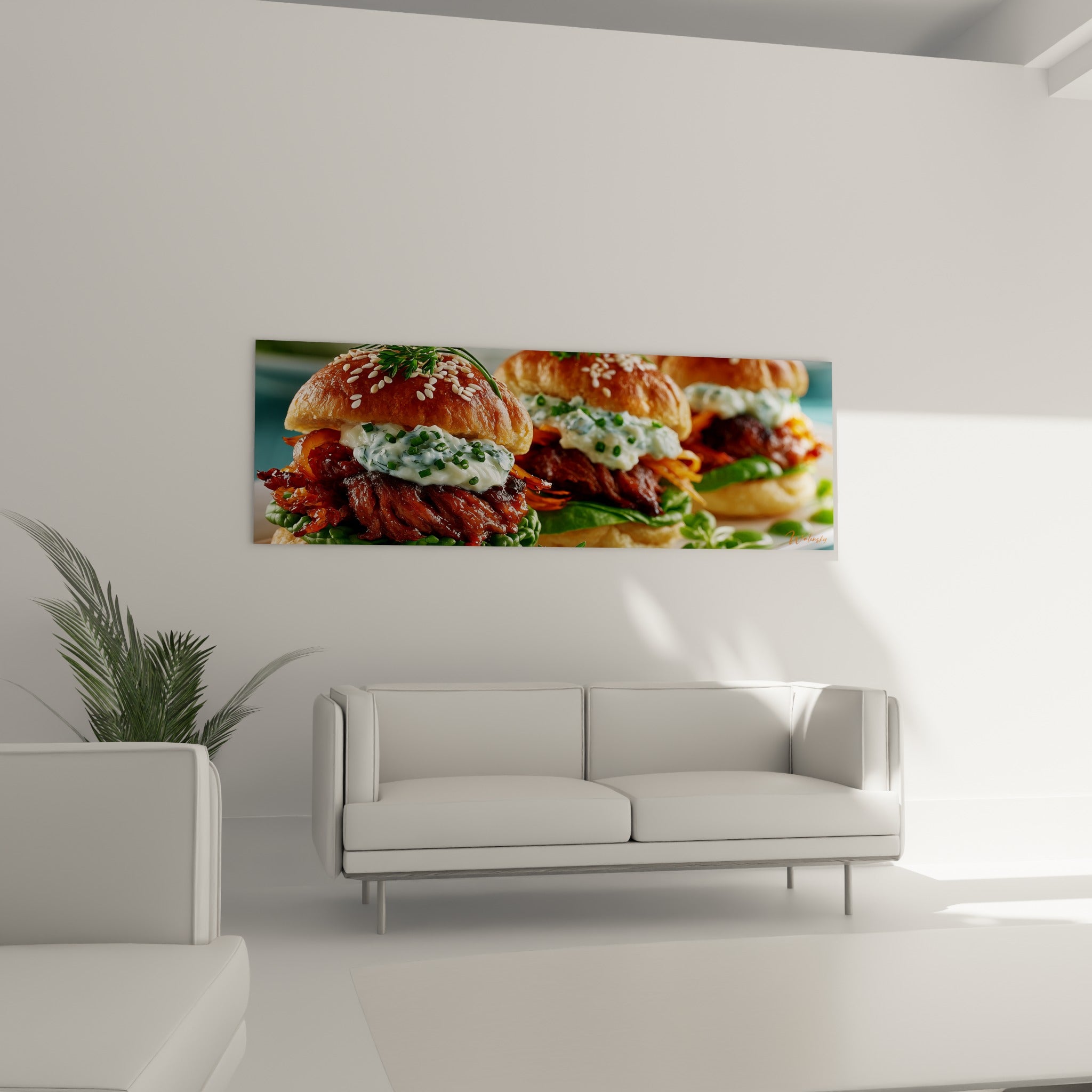 Sandwichs garnis de viande caramelisée et sauce herbée, installés au-dessus d'un canapé dans un salon lumineux