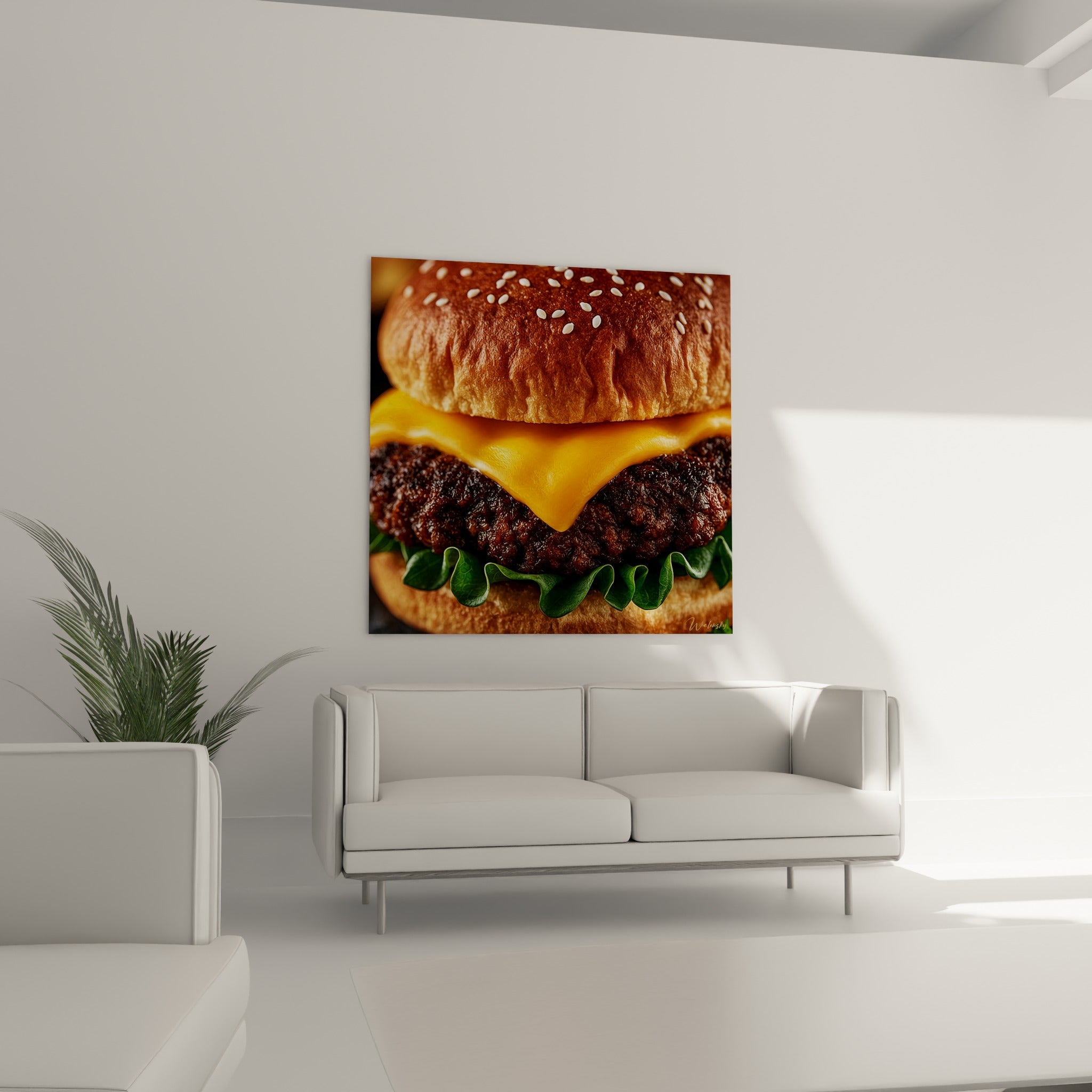 Burger cheddar coulant sur viande grillée brune, accroché au-dessus d'un canapé dans un salon lumineux