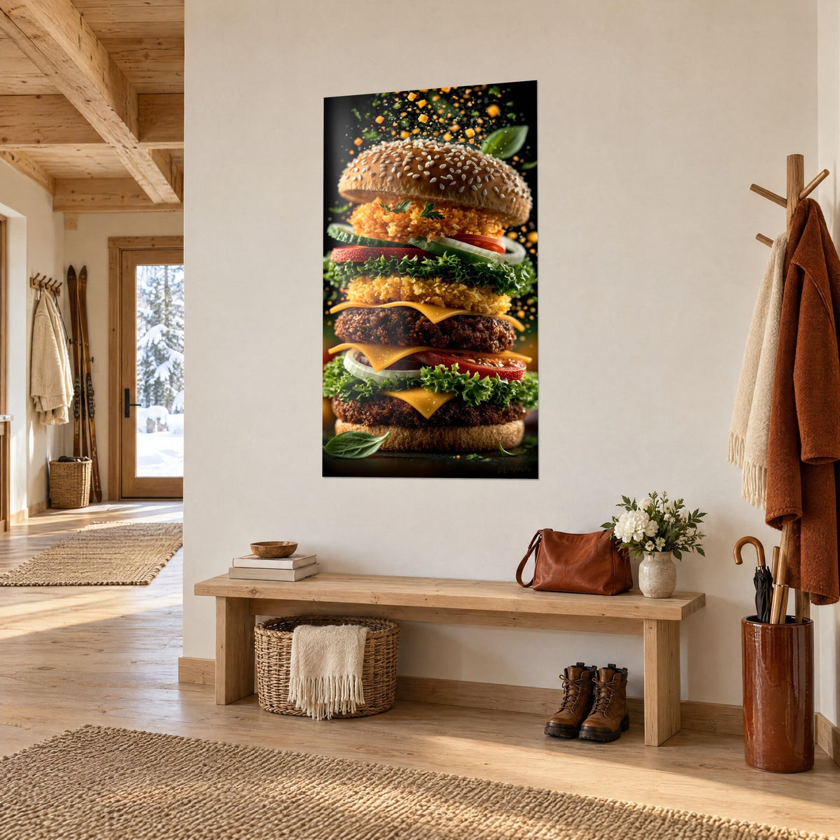Wall art with a vertically stacked sandwich on a black background, green lettuce and golden cheddar, seen from three-quarters in the entrance of a wooden chalet