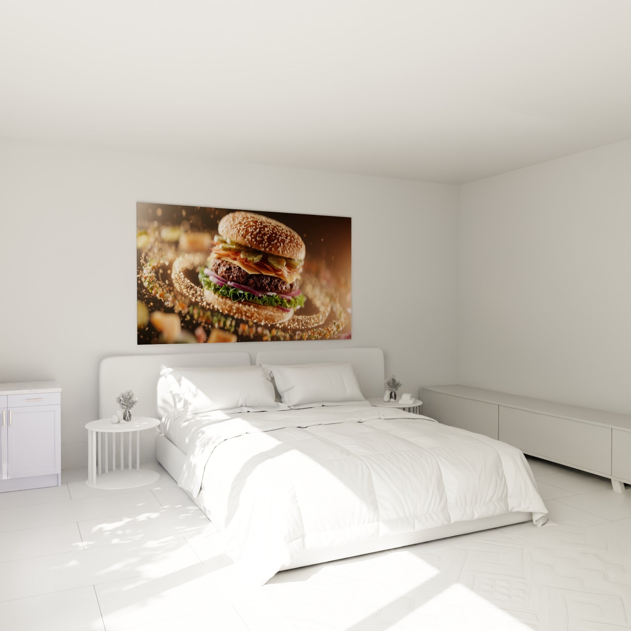Composition gourmande d'un burger fumant, tons dorés et bruns, au-dessus d'un lit dans une chambre claire
