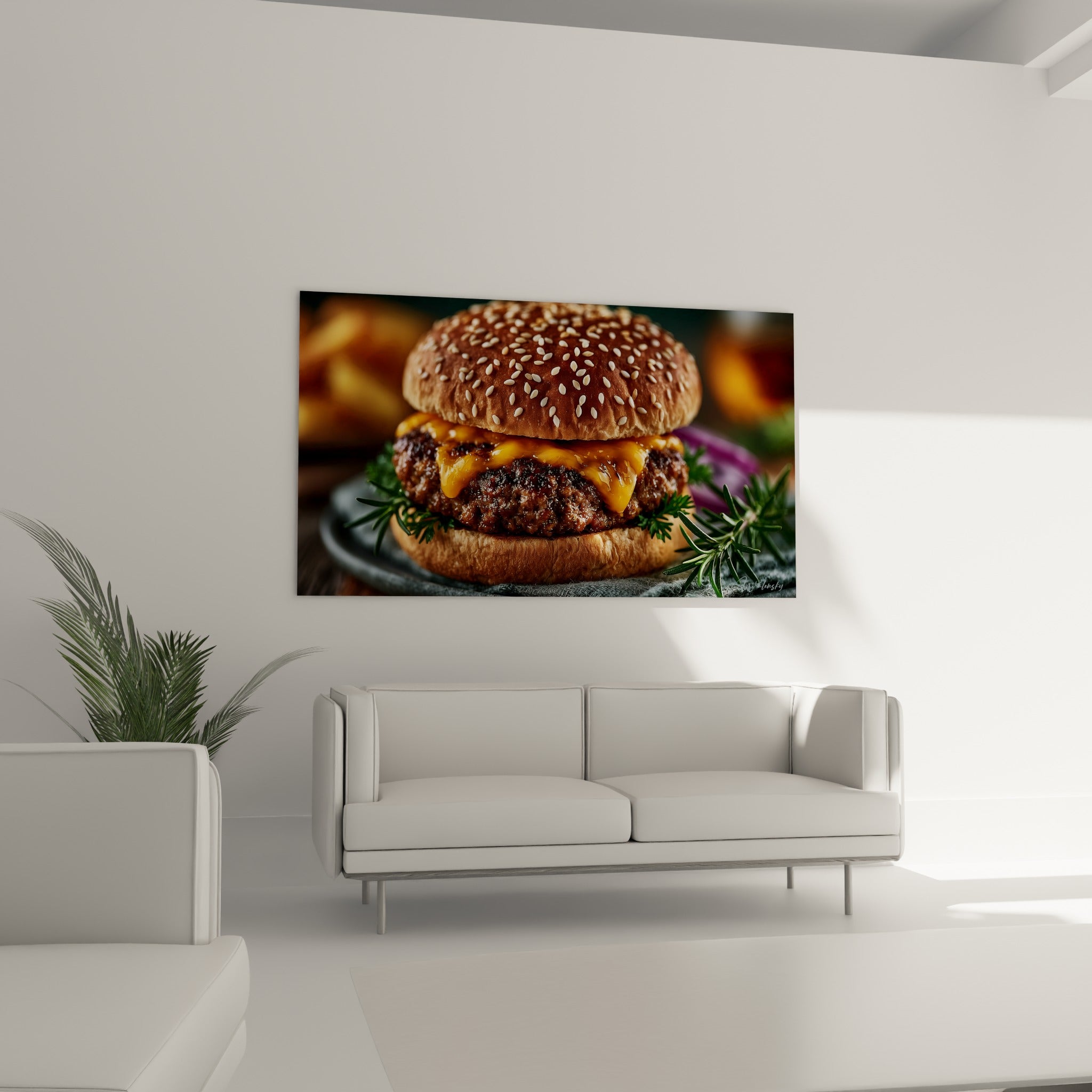 Pain sésamé et cheddar fondu du burger installés au-dessus d'un canapé dans un salon lumineux