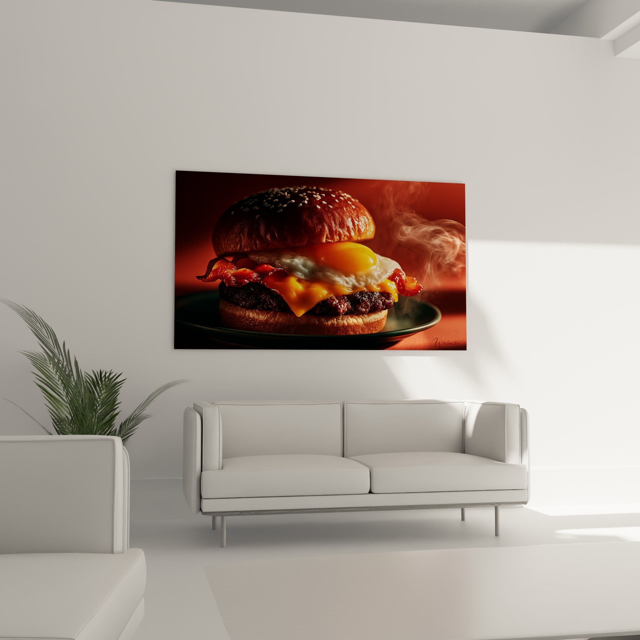 Viande grillée et bacon croustillant du burger doré, au-dessus d'un canapé dans un salon lumineux