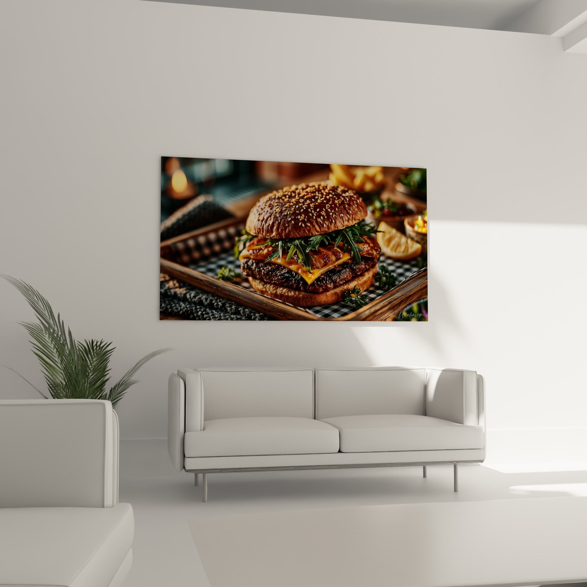 Pain brioché doré garni de viande grillée accroché au-dessus d'un canapé dans un salon lumineux