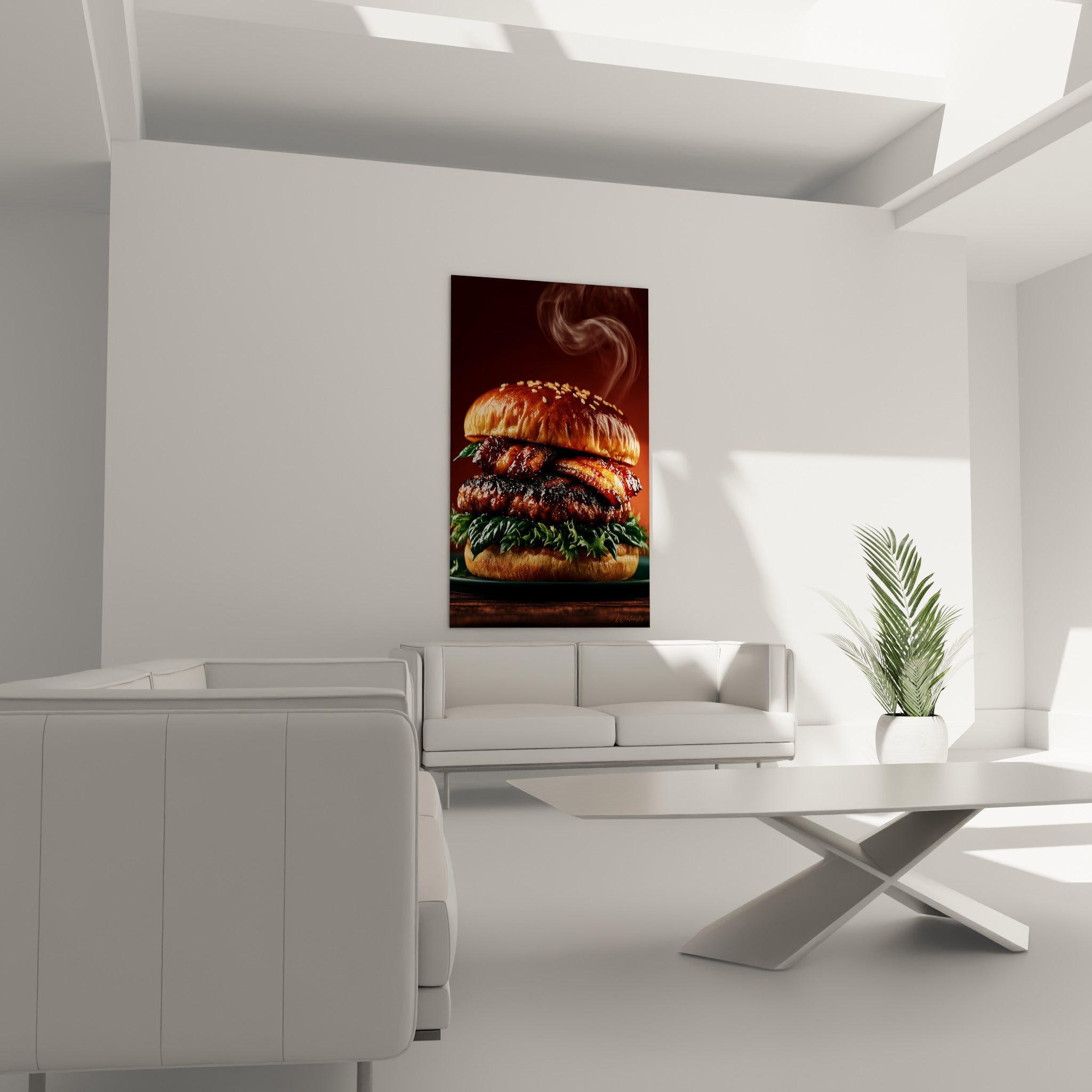 Pain brioché doré et viande grillée brun profond d'un burger, au-dessus d'un canapé dans un salon lumineux
