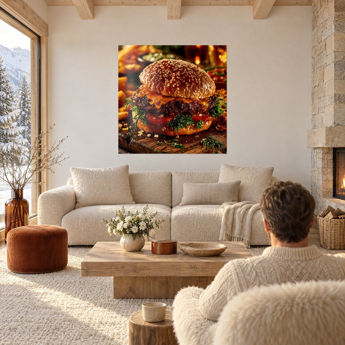 Tableau cheeseburger gourmand au cheddar fondu et persil vert, planche brute, au-dessus d'un canapé dans un salon lumineux