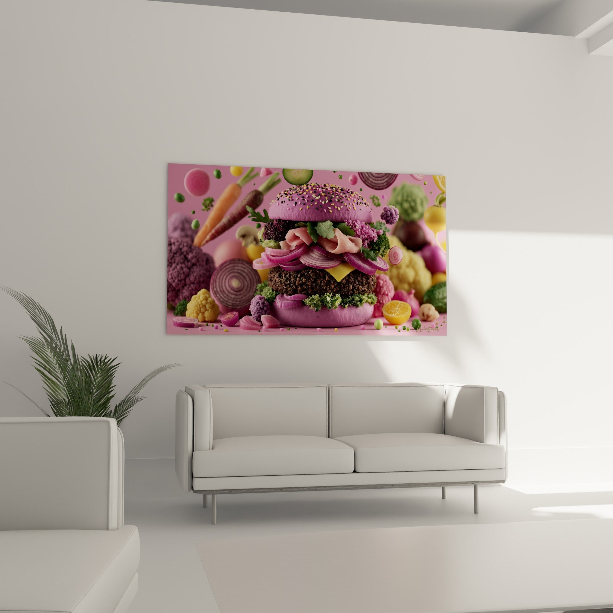 Sandwich coloré aux tons roses et violets avec garniture détaillée, placé au-dessus d'un canapé dans un salon lumineux