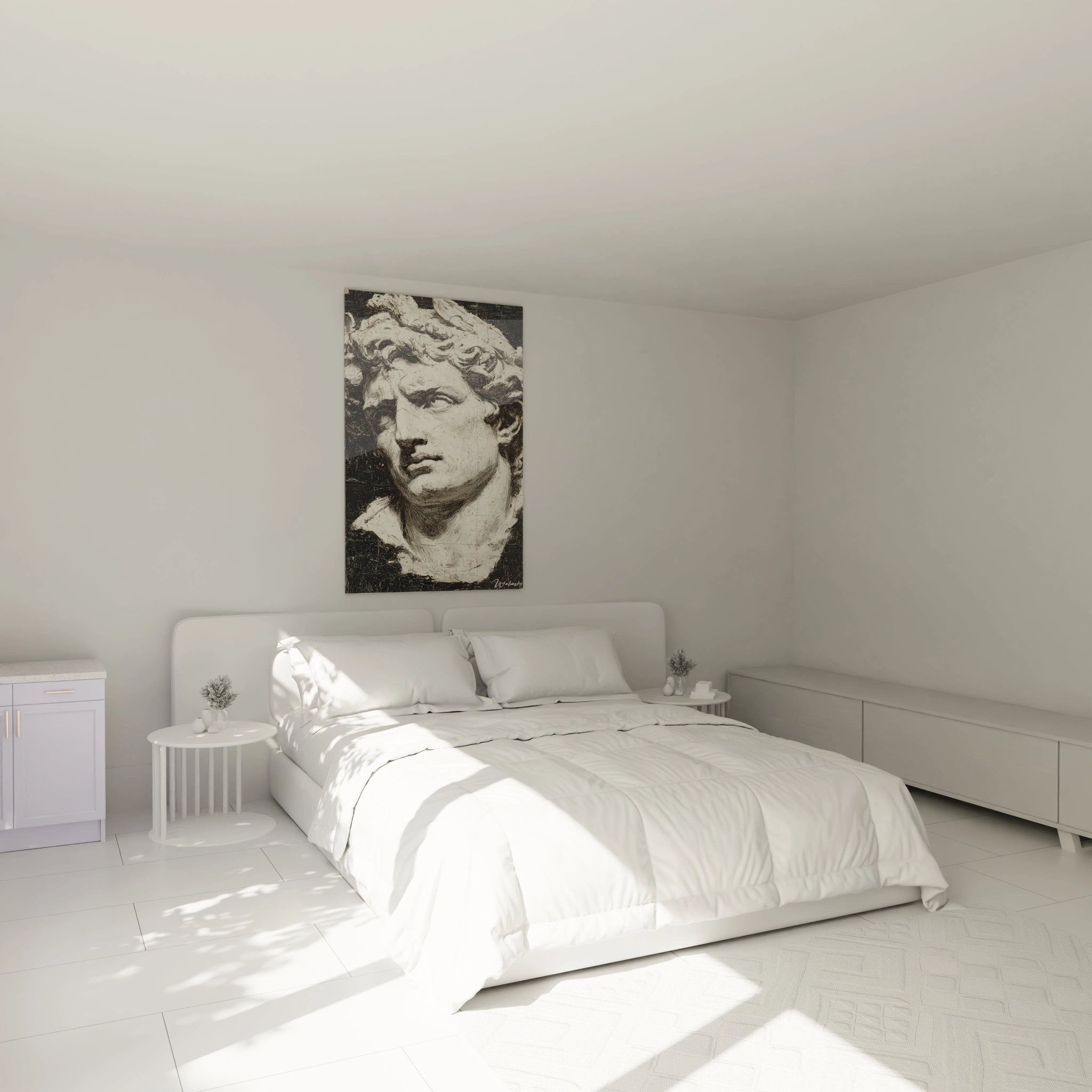 Tableau mural Walensky dans chambre minimaliste avec tableau buste marbre Alexandre le Grand au dessus du lit