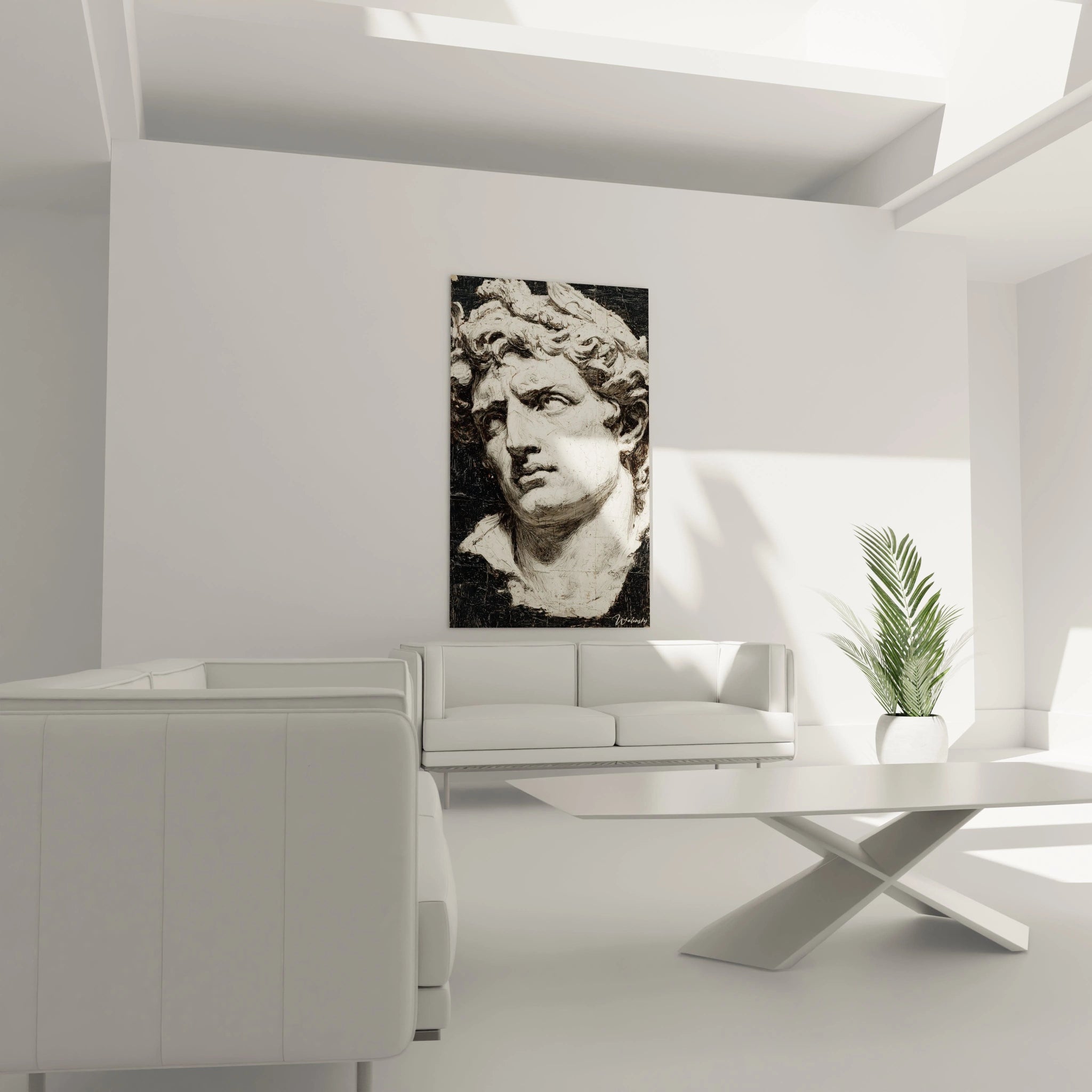 tableau buste marbre Alexandre le Grand par Walensky accroche dans salon moderne minimaliste sur mur blanc