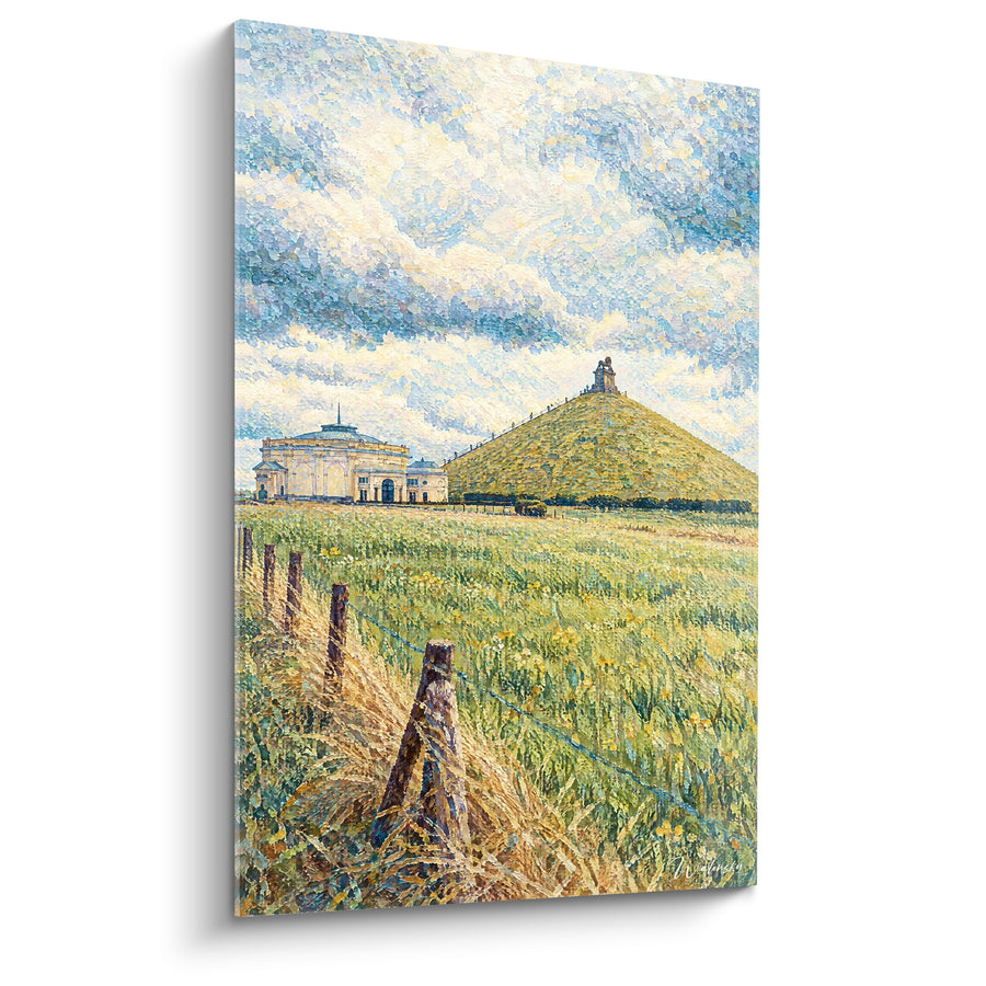 Butte du Lion Painting in Green and Sky Blue, Pointillist Style - Rural Peace - Butte du Lion Edition, Walloon Region, Belgium