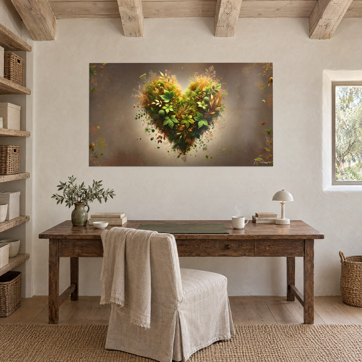 Schilderij wilde bloemenboeket in hartvorm, zachtgroene bladeren en gouden grassen op taupe achtergrond, gehangen boven een houten bureau