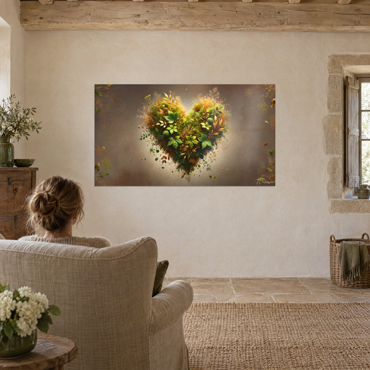 Schilderij plantaardige liefde met groene gelobde bladeren en blonde pluimen, bewonderd door een vrouw van achteren vanuit een linnen fauteuil