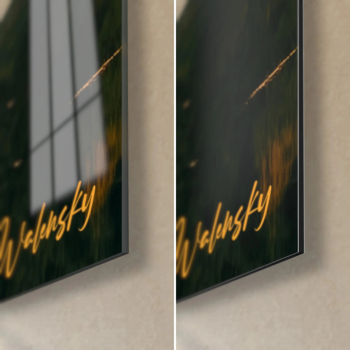 Wall art lakeside retreat, bottom right corner, golden Walensky signature on deep green background, glossy glass and matte Dibond, 3 mm edge