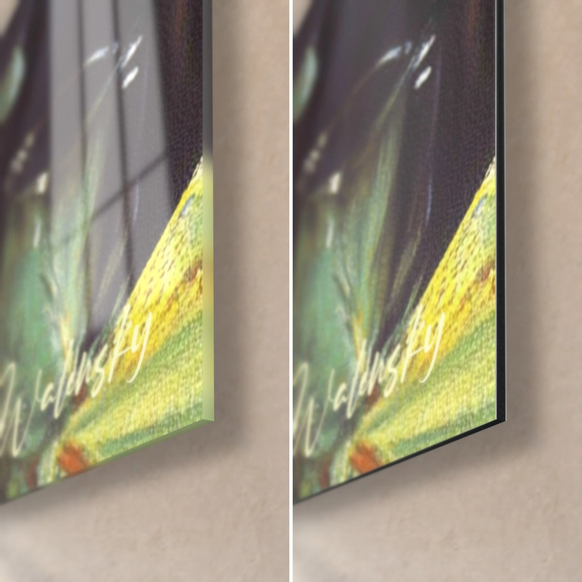 Πίνακας δείπνου σε καμπαρέ, κάτω δεξιά γωνία: γυαλί με γυαλιστικές αντανακλάσεις αριστερά, ματ Dibond πράσινο και κίτρινο δεξιά, πάχος άκρης 3 mm
