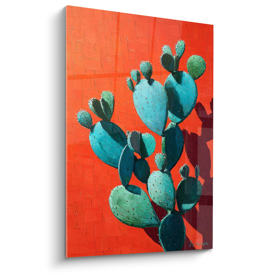 Tableau Cactus Bleu-Vert sur Fond Orange Éclatant - Art Moderne Désertique - Edition Cactus
