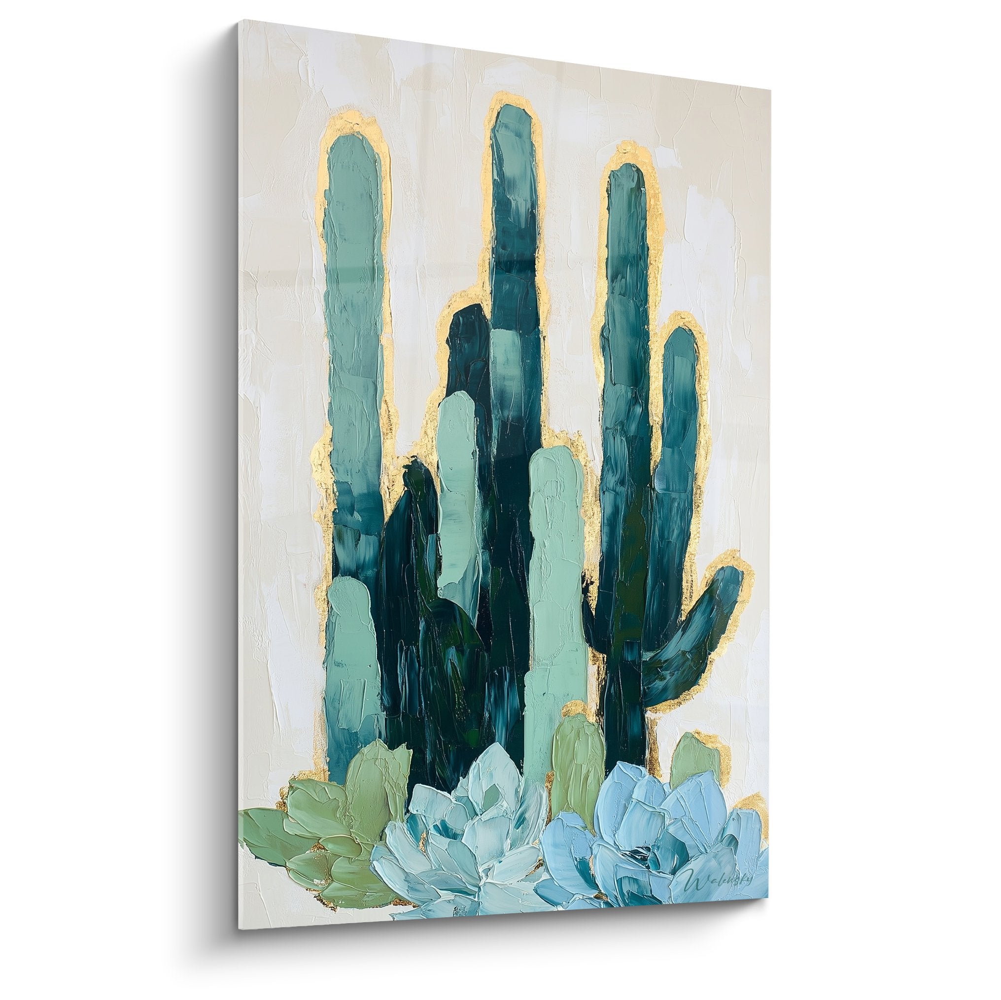 Tableau moderne cactus bleu turquoise contours dores plantes grasses edition cubisme oasis geometrique