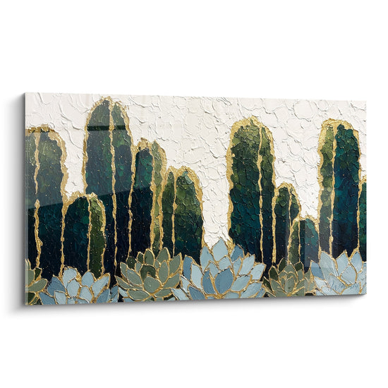 Quadro Cactus Colonne Blu-Verde e Succulente Dorate su Sfondo Bianco Texture - Giardino Desertico - Edizione Cactus