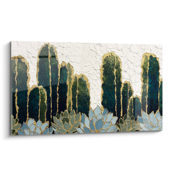 Cuadro Cacto Columnas Azul-Verde y Suculentas Doradas sobre Fondo Blanco Texturizado - Jardín Desértico - Edición Cactus