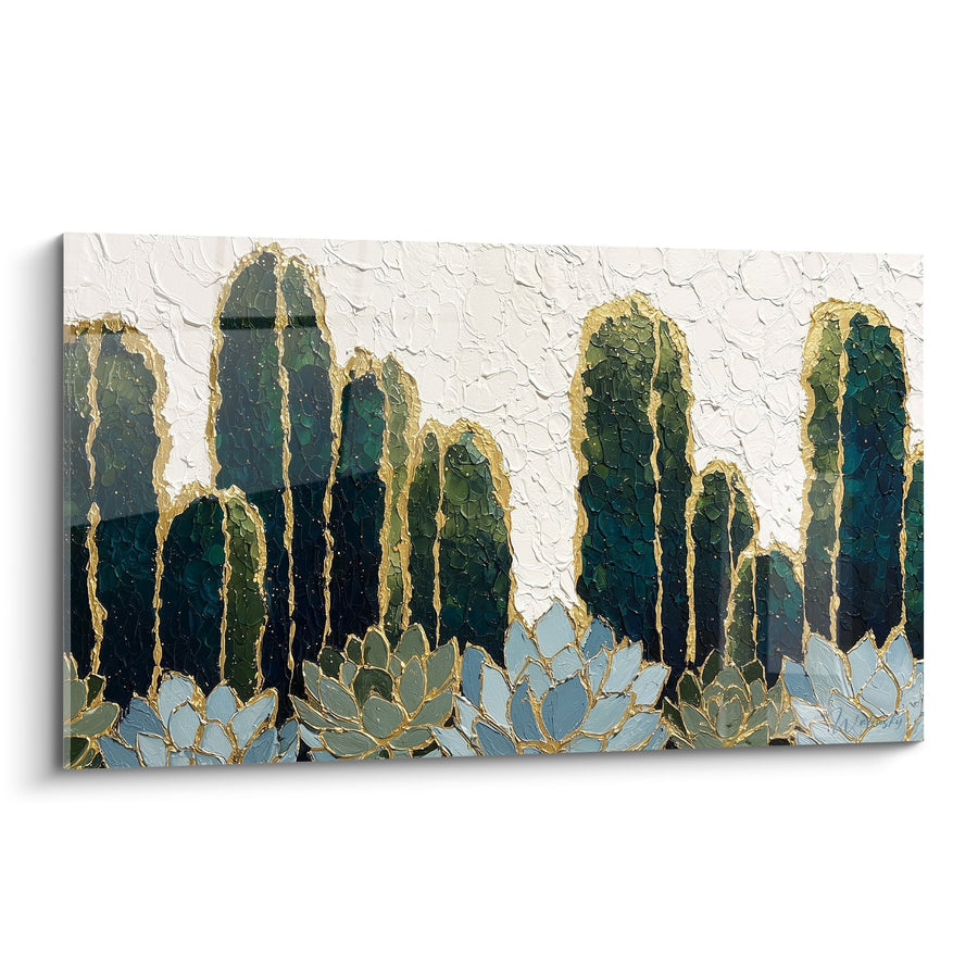 Tableau Cactus Colonnes Bleu-Vert et Succulentes Dorées sur Fond Blanc Texturé - Jardin Désertique - Edition Cactus