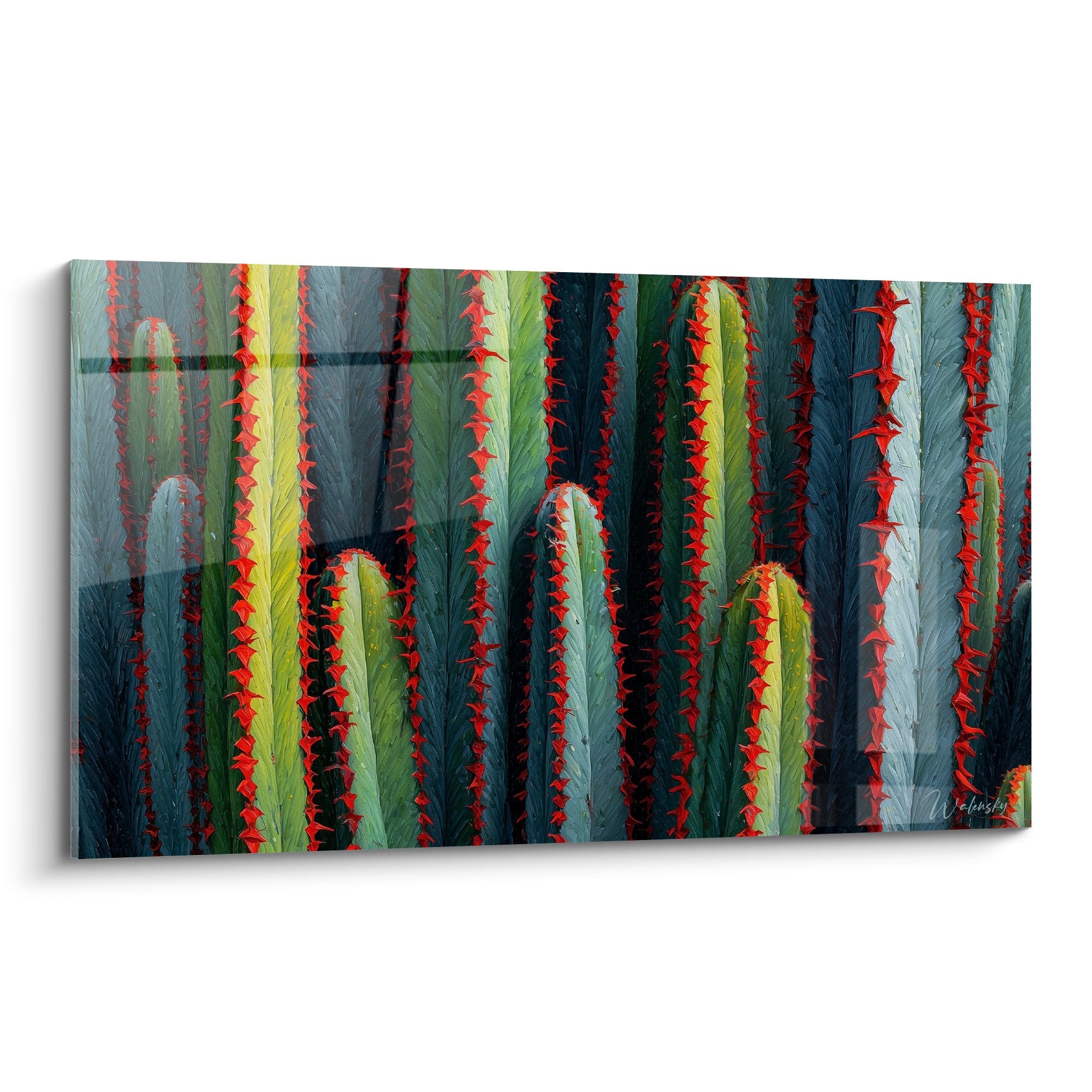 Tableau cubiste cactus colonnes stylisées épines rouge verte fond bleu-gris art moderne géométrique
