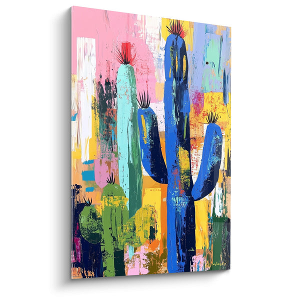 Cuadro de Cactus Coloridos Abstractos Azules Verdes Rosas - Jardín Urbano - Edición Cubismo