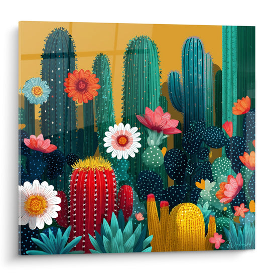 Colored Cactus Painting with Exotic Flowers on Golden Background - Desert Garden - Cubism Edition