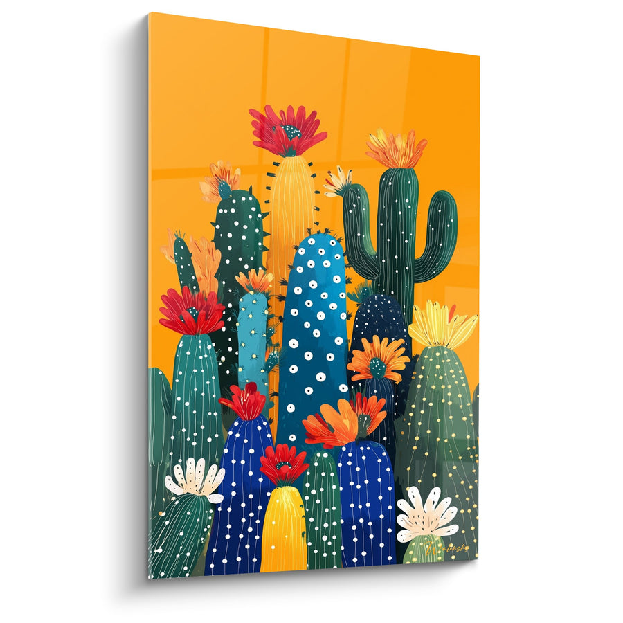 Tableau Cactus Colorés aux Fleurs Éclatantes sur Fond Orange - Jardin du Désert - Edition Cubisme