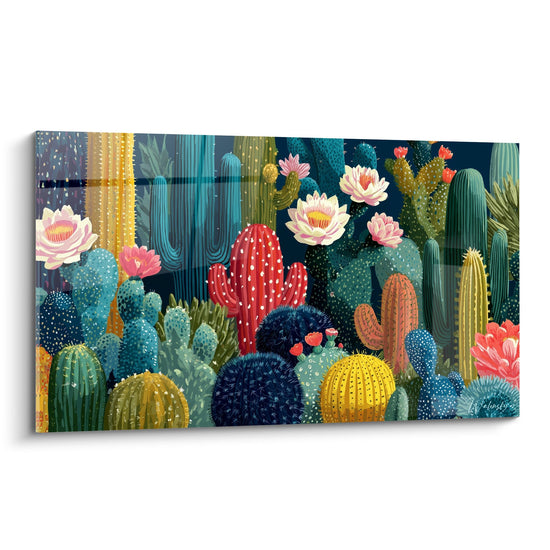 Colorful Cactus Painting with Pink and Yellow Flowers - Vibrant Desert Garden - Cubism Edition