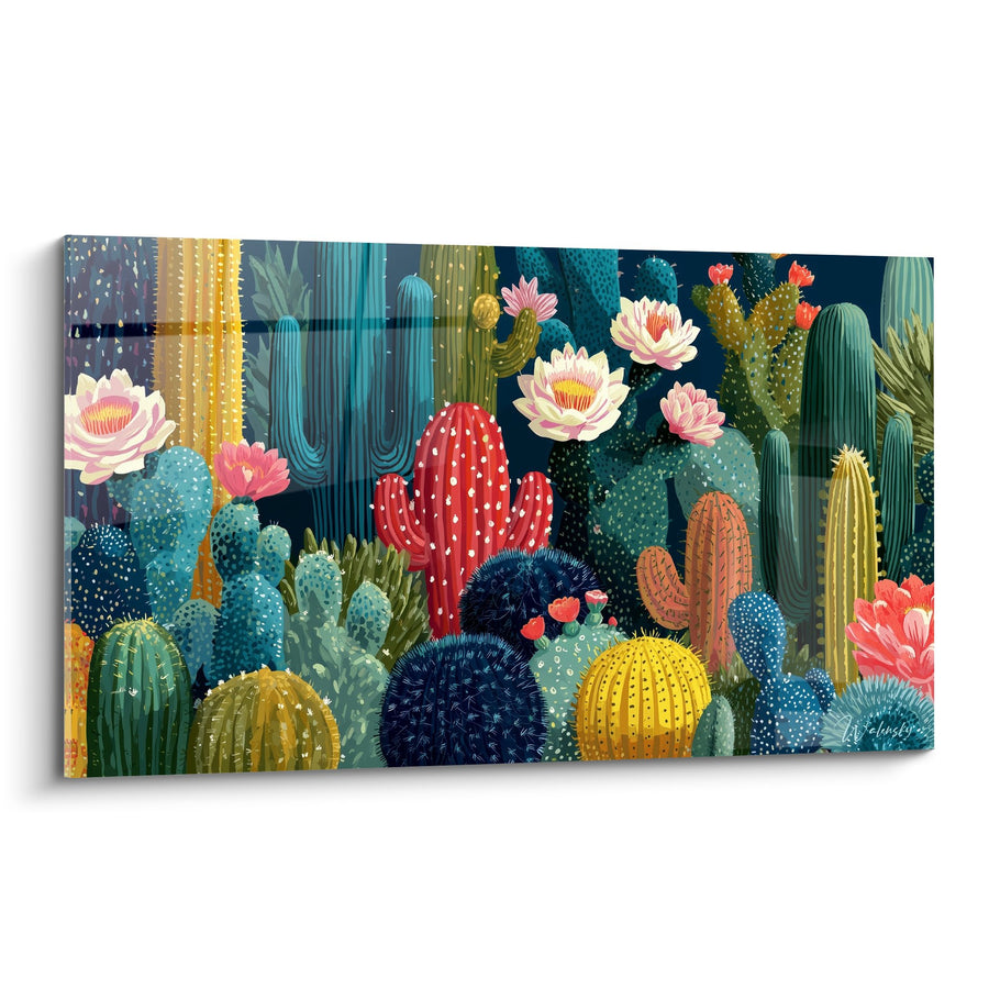 Tableau Cactus Colorés aux Fleurs Roses et Jaunes - Jardin Désertique Vibrant - Edition Cubisme