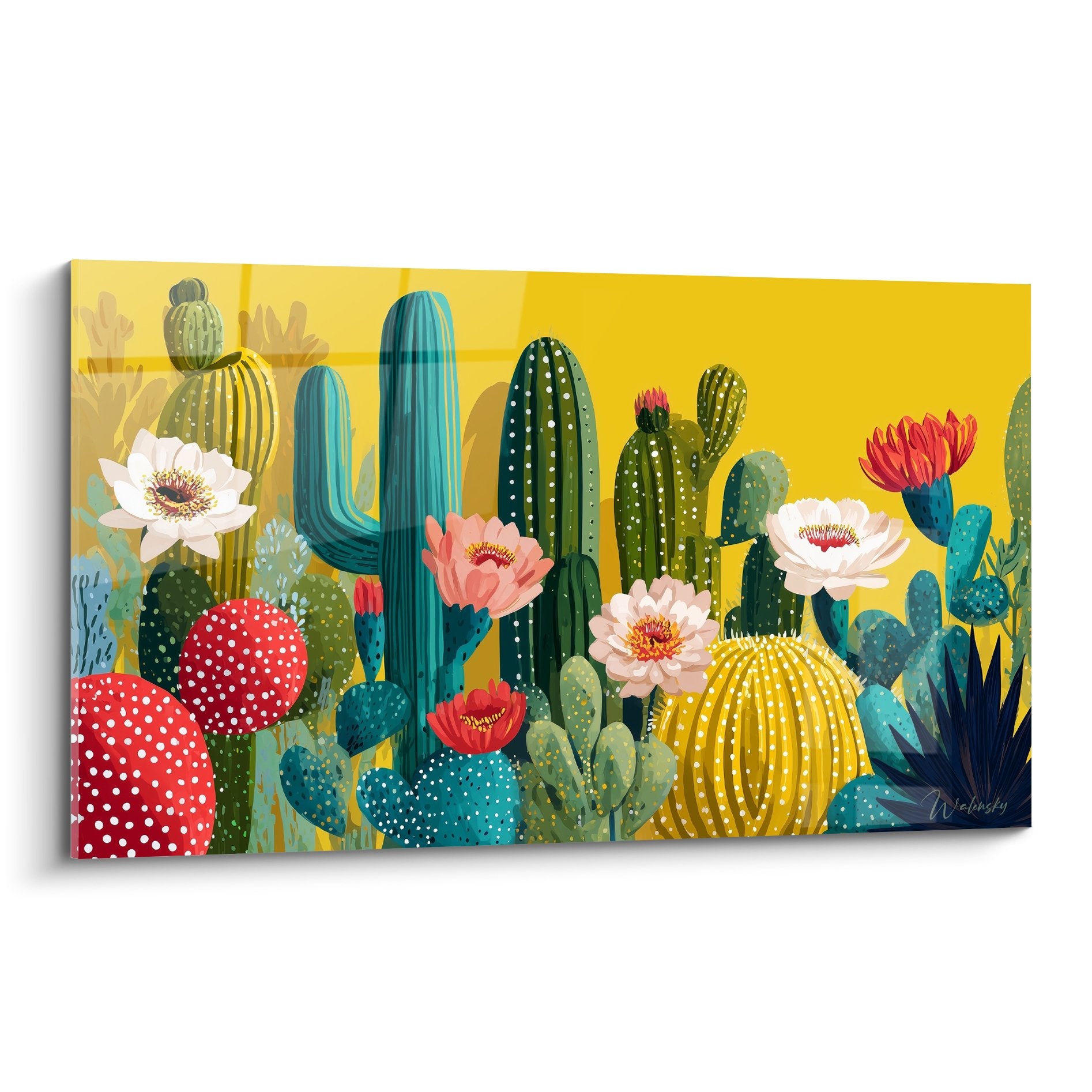 tableau moderne cactus colores fond jaune fleurs roses blanches style cubisme decoration murale